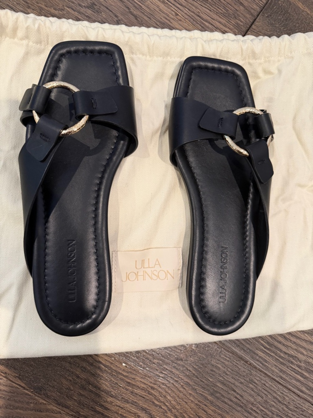 Ulla Johnson Anya Black Leather Gold Ring-Accent Slide Sandals